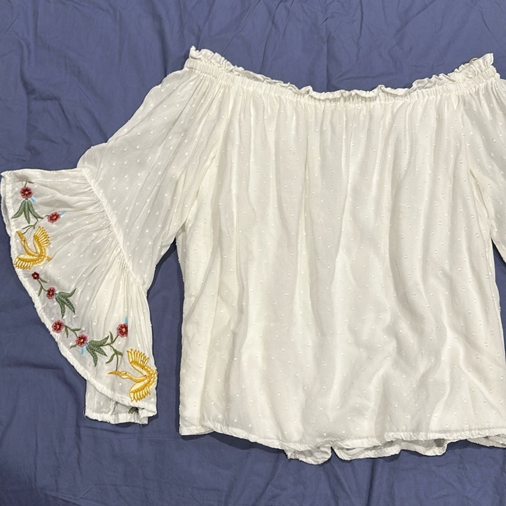 Brand: Blue Rain, Size: L, Color: White (with colorful stitching on the sleeves)